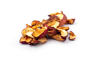 studio lighting. on white background. Pieces of dried apples. Close-up