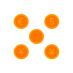 This is a set of coin icons in a flat style isolated on white background. Gold coins Dollar, Euro, Yen, and Yuan.