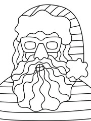 Tropical Santa Claus coloring page for kids and adults stock vector illustration. Funny smiling Santa with xmas hat and sunglasses. Unusual Merry Christmas printable vertical page for winter pastime