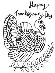 Happy thanksgiving day turkey bird coloring page stock vector illustration. Funny black outline alive turkey bird, branch and greeting isolated on white. Vertical printable illustration for coloring