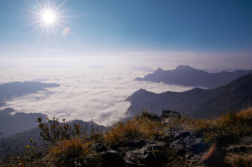 Obraz premium Beautiful mountains landscape. Sunrise on Phu Chi Fa, North Thailand.