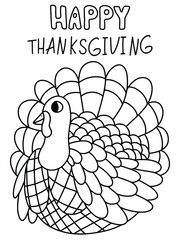 Happy thanksgiving day black outline turkey bird stock vector illustration. Turkey bird with greeting words isolated on white. Funny fall seasonal animal for coloring page, print, cards and more.