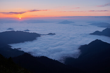 Beautiful mountains landscape. Sunrise on Phu Chi Fa, North Thailand.