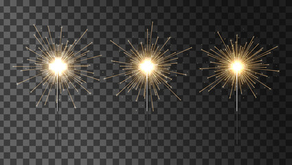 Bengal fire vector set. Set of sparklers. Festive Christmas sparkler decoration lighting element. Magic light isolated effect.