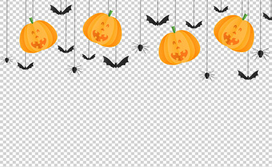 Halloween party  background with happy smiling  pumpkin face , bats, spiders in paper cut style, hanging from top  isolate on  png or transparent background, graphic resources for sale template vector
