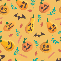 Vector halloween pattern with orange pumpkin bats and candies on orange background