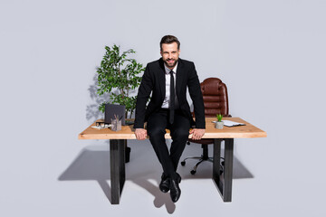 Full length photo of handsome business guy sitting table good mood cheerful smile wear blazer shirt...
