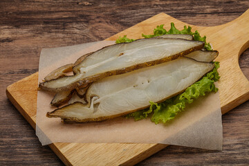 Delicous smoked halibut slices snack