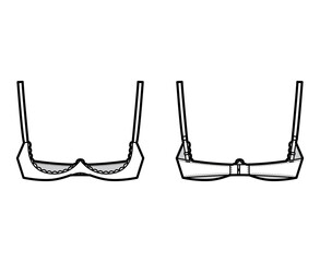 Bra shelf open cup lingerie technical fashion illustration with adjustable straps, hook-and-eye closure. Flat brassiere template front, back white color style. Women men unisex underwear CAD mockup