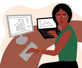 Black african young woman working at desk with laptop and computer. Office employee at the workplace. Vector illustration cartoon
