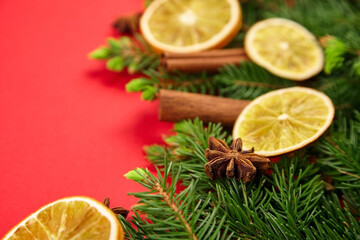 Fototapeta na wymiar Composition with christmas tree branches, dry orange slices, cinnamon and anise spices