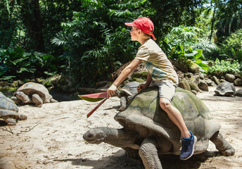 Boy riding and feeding giant tortoise at Seychelles National Botanical Gardens