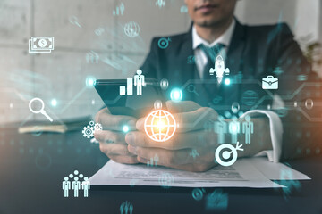 Analyst in office working with Smartphone, Searching for new technologies to boost business. Typing phone. Double exposure.