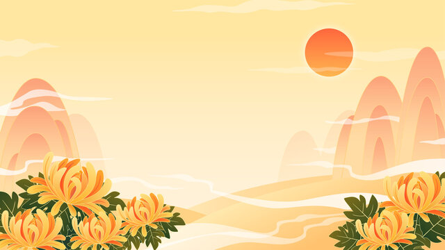 China chic illustration of autumn landscape with mountains and chrysanthemums.	