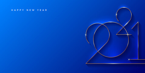 Blue banner with golden 2021 New Year logo. Holiday greeting card. Vector illustration. Holiday design for greeting card, invitation, calendar, etc.