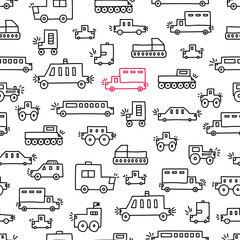Fototapeta na wymiar Cute cars. Children's vector seamless pattern. Can be used for wallpaper, textile, invitation card, wrapping, web page background.