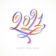 2021 logo lettering calligraphy. Multicolored paint brushstroke. Colorful New Year sign. Vector illustration.