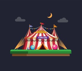 Carnival circus tent in night scene concept in cartoon flat illustration vector  © Simply Amazing