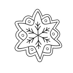 Gingerbread cookies Christmas star. Isolated vector object on white background in the Doodle style. New year design element for postcard, packaging, coloring book.