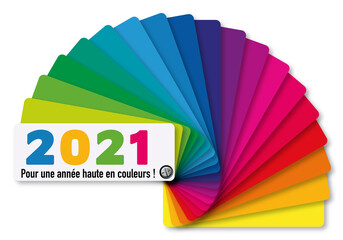Carte de voeux 2021 décorative aux couleurs vives, présentant le concept de la diversité avec comme symbole un nuancier multicolore. - obrazy, fototapety, plakaty
