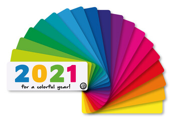 Carte de voeux 2021 décorative aux couleurs vives, présentant le concept de la diversité avec comme symbole un nuancier multicolore. - obrazy, fototapety, plakaty