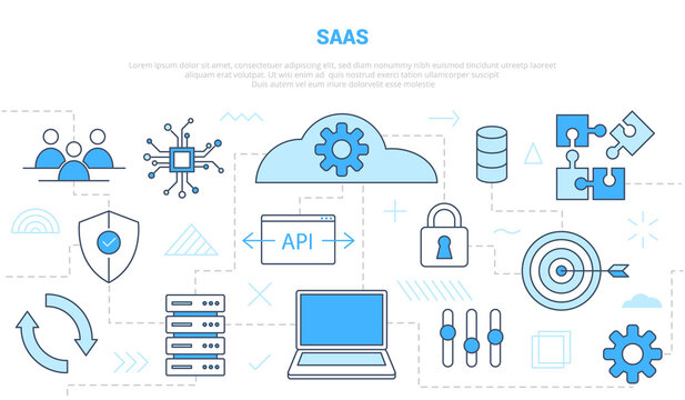 saas software as a service concept with icon line style set template banner with modern blue color