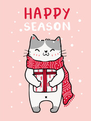cute cat in red knitted scarf Christmas with snow falling in background, happy season greeting card