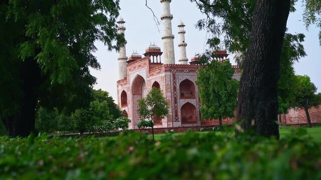 Facade Of Akbar's Tomb The Great With Foliage Landscape In Sikandra, A Sub Of Agra, Uttar Pradesh, India. - Wide Shot