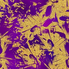 Gold glitter and purple tropical seamless pattern. High quality illustration. Real glitter texture in the shape of tropical palm tree leaves overlayed on a purple blurry background. Seamless design.