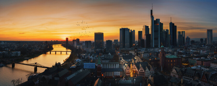Frankfurt am Main/Hessen - December 28 2019 - General view of the city of Frankfurt am Main, skyscrapers with Sparkasse, Merzedes, UBS, Comerzbank and so on. Christmas market in Frankfurt am Main