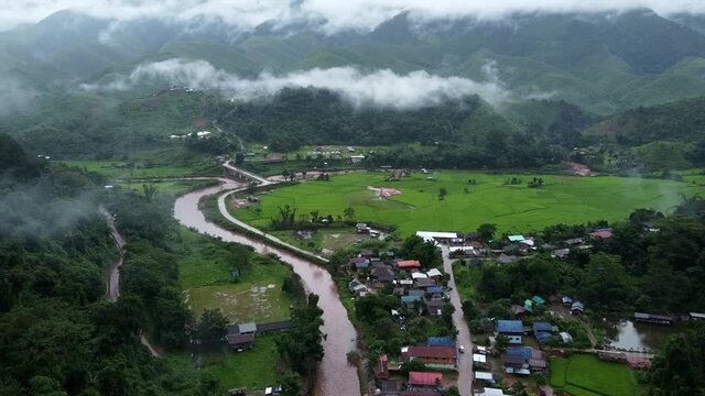 A view of the rice fields in the morning And a small village