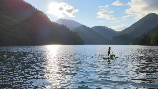 Concept of active tourism and surfing. Aerial drone view of pretty fit woman paddle on sup board at mountain lake during sunset with her dog. Female silhouette doing water sport during summer holidays