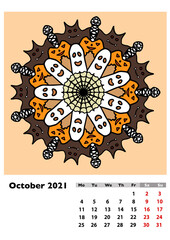 Calendar 2021 with different  hand drawn mandala, October, page 10 of 13. The week starts on Monday, color raster