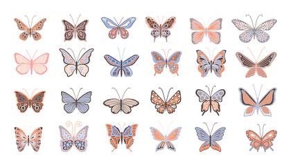 Big collection of vector design elements of insects. A set of beautiful butterflies for printing on dishes, prints, kitchen utensils, stickers on the wall, window, laptop. Cute butterflies isolated