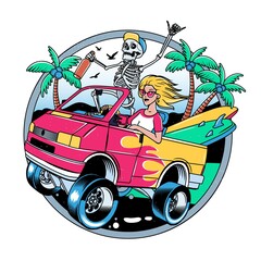 Surfing T-shirt Vector Designs. Surf Van with Crazy Skeleton and Blondie Girl. Vector Illustration. - 387354960