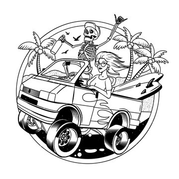 Surfing T-shirt Vector Designs. Surf Van with Crazy Skeleton and Blondie Girl. Vector Illustration.