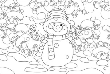 Smiling toy snowman with a warm scarf and a hat under snow-covered fir branches in a snowy winter park, black and white outline vector cartoon illustration for a coloring book page