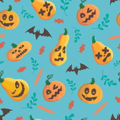 Vector halloween pattern with orange pumpkin bats and candies on blue background