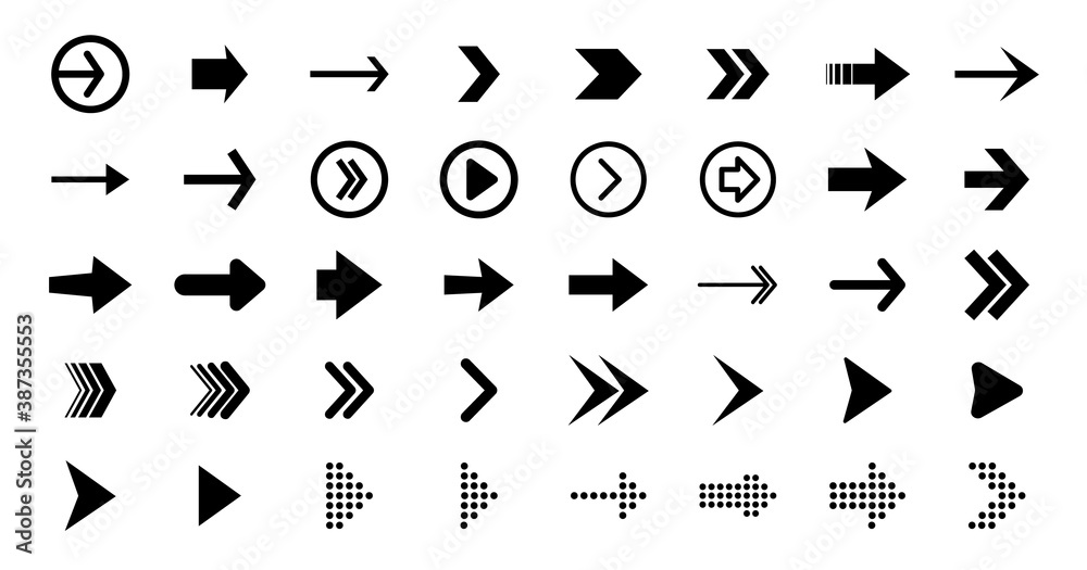 Aufkleber Set black arrows for web design. Arrows vector icon. Arrow icon. Set of big black vector arrows. Cursor, Click. Arrow icon pack