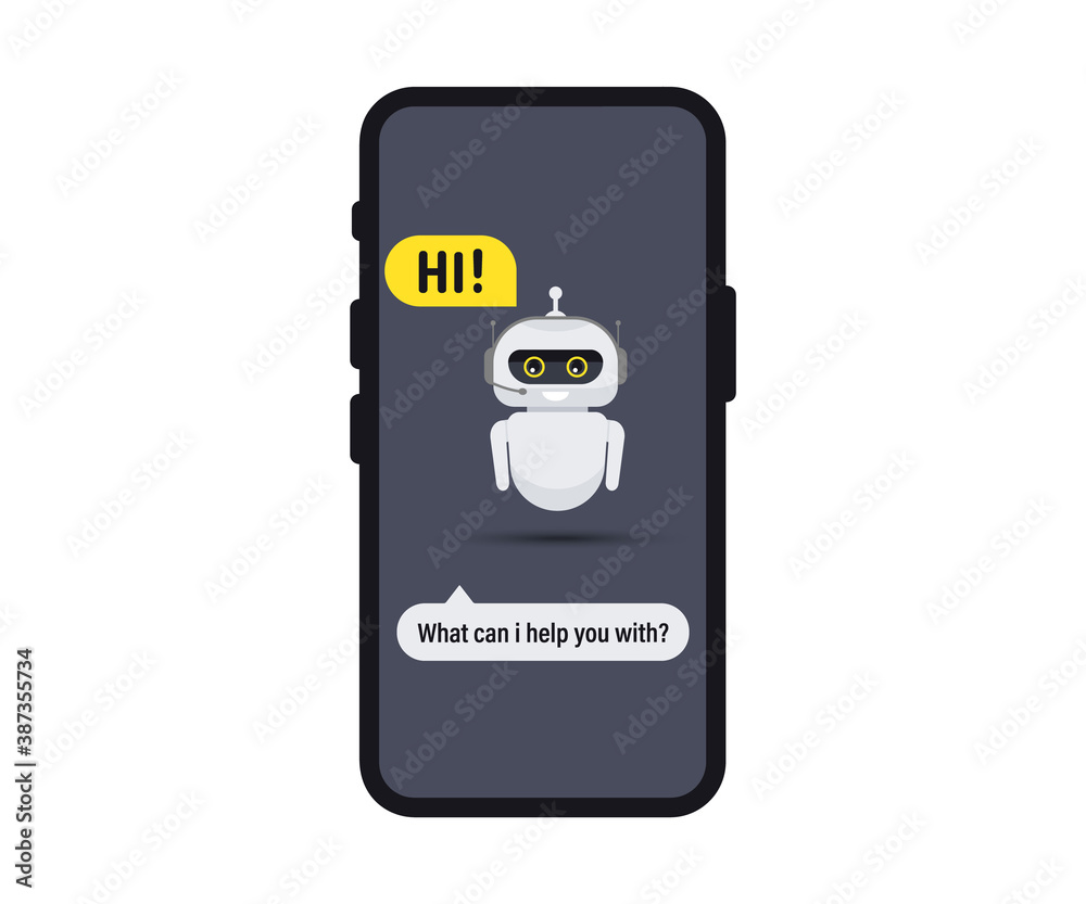 Poster chat bot in smartphone. chat messenger icon. support or service icon. support service bot say users 