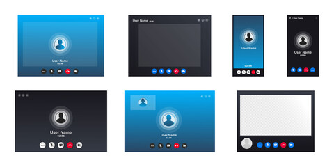 Video Call screen template. Stream, web chatting, online meeting friends. Video chat, conference user interface. Coronavirus, quarantine isolation. Stay, work from home. Talking by internet window
