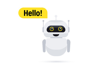 Chat bot in smartphone. Chat messenger icon. Support or service icon. Support service bot say users Hello. Chatbot greets. Online consultation. Customer service, support, assistance, call center - obrazy, fototapety, plakaty