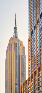 New York, USA - August 15, 2015: Close up picture of Empire State Building at sunset.