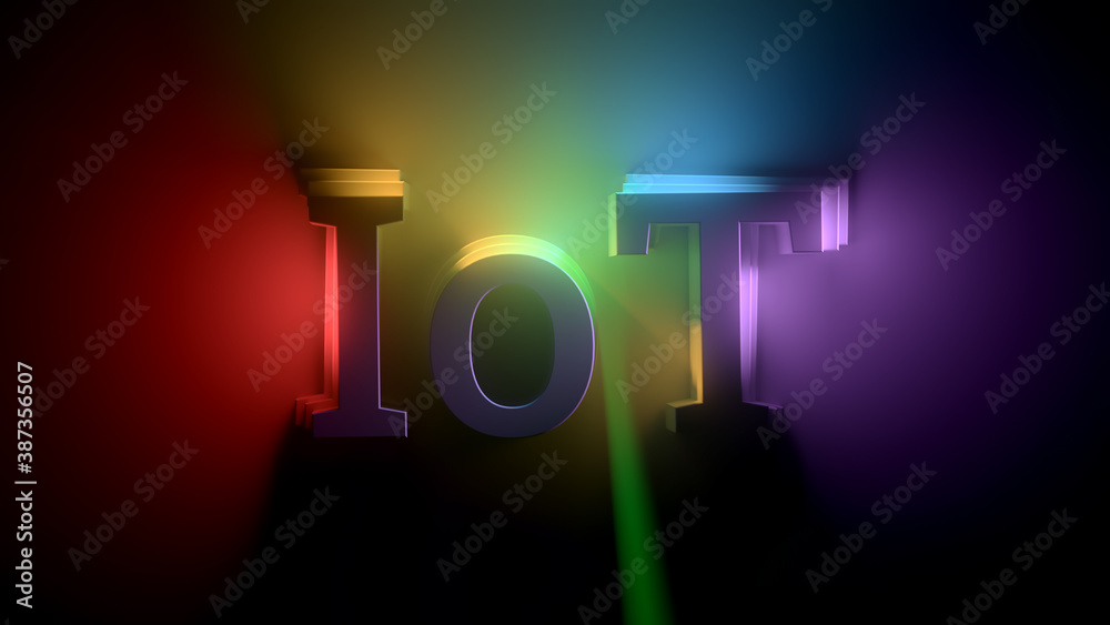Poster iot word highlighted with different light from different sides. bright colorful 3d render.