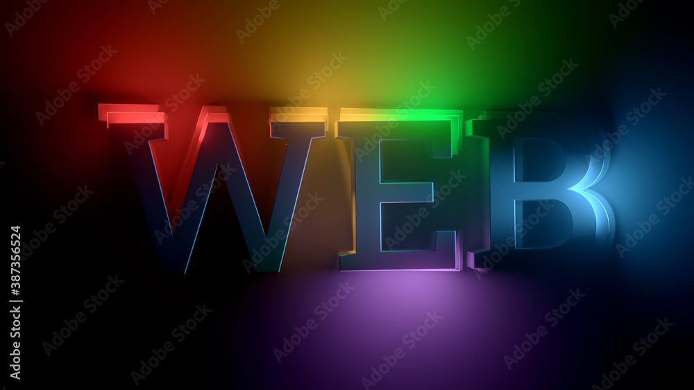 Poster web word highlighted with different light from different sides. bright colorful 3d render.