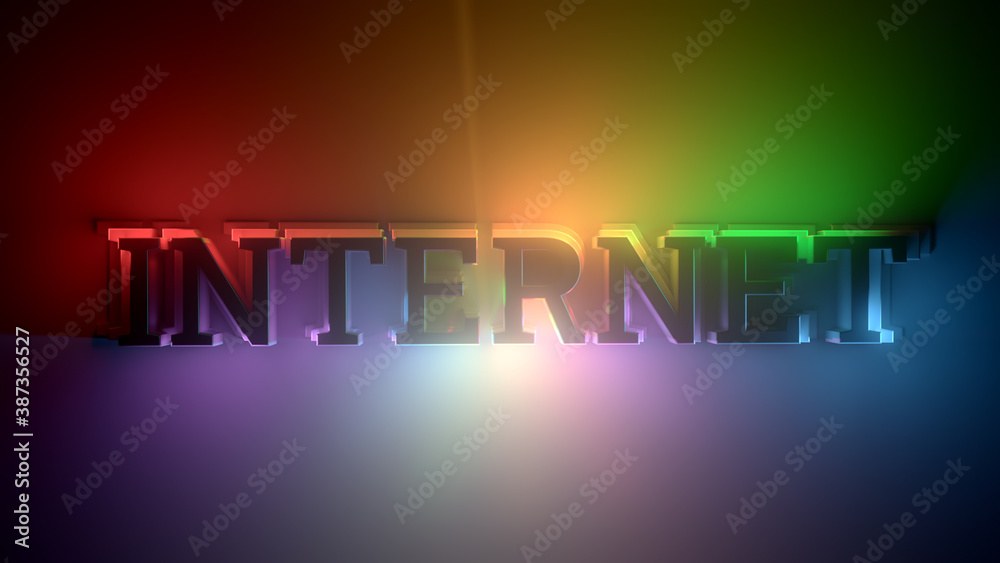 Poster internet word highlighted with different light from different sides. bright colorful 3d render.