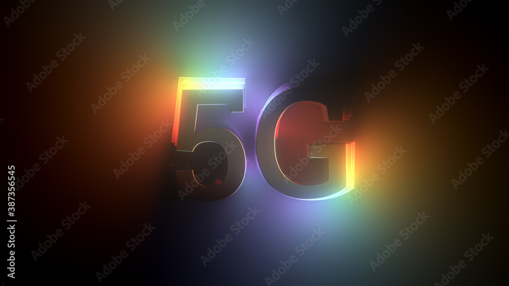 Poster 5g word highlighted with different light from different sides. bright colorful 3d render.