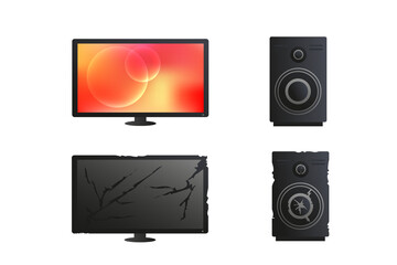 Set of illustrations of TV and music speakers on a white background. Broken equipment, cracked TV, broken speakers. Urgent repair. Modern background on tv screen.