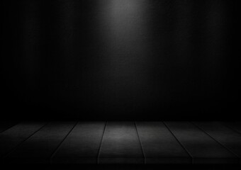 Wooden table on black wall in dark room background for product montage. 3d illustration.