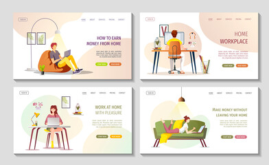 Set of web page design templates for Work at home, Freelance, Home office, Remote job, Online education, E-learning. Vector illustrations for poster, banner, website, advertising, commercial.